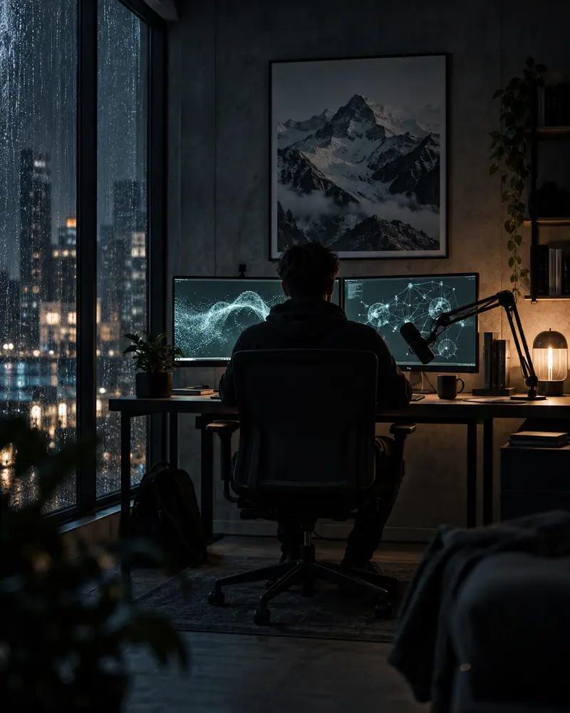A tech creator's studio at night, monitors glowing with AI visuals