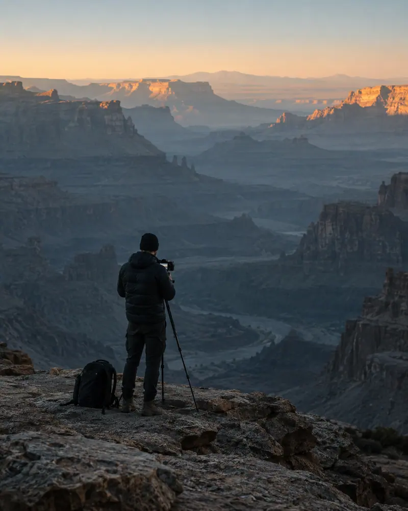 A travel creator filming a desert canyon at first light