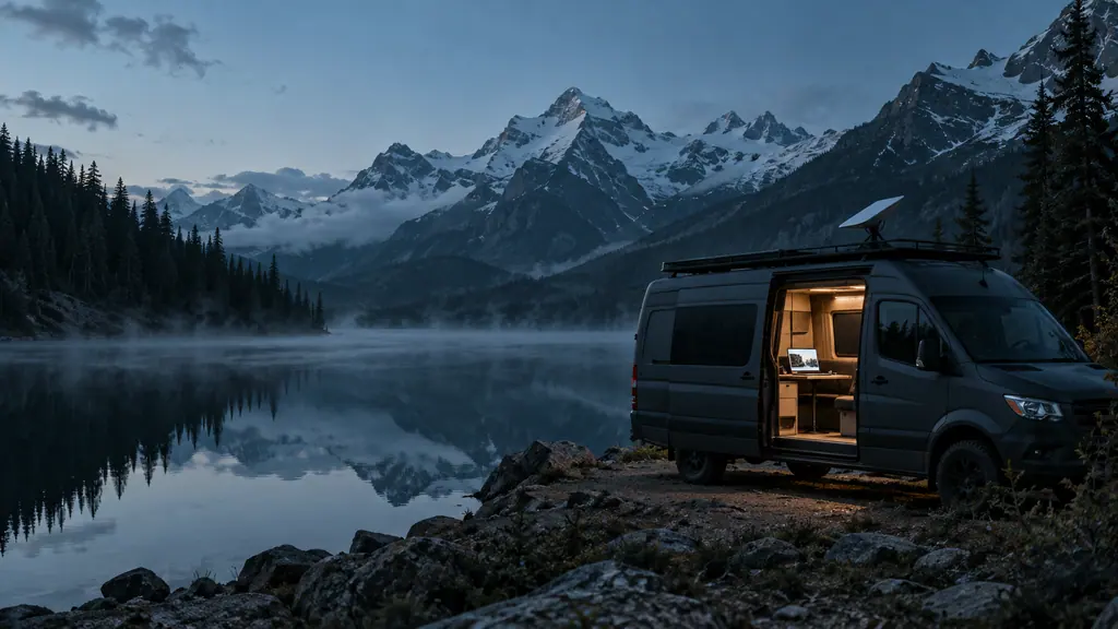 A van parked by an alpine lake at blue hour, a laptop glowing inside